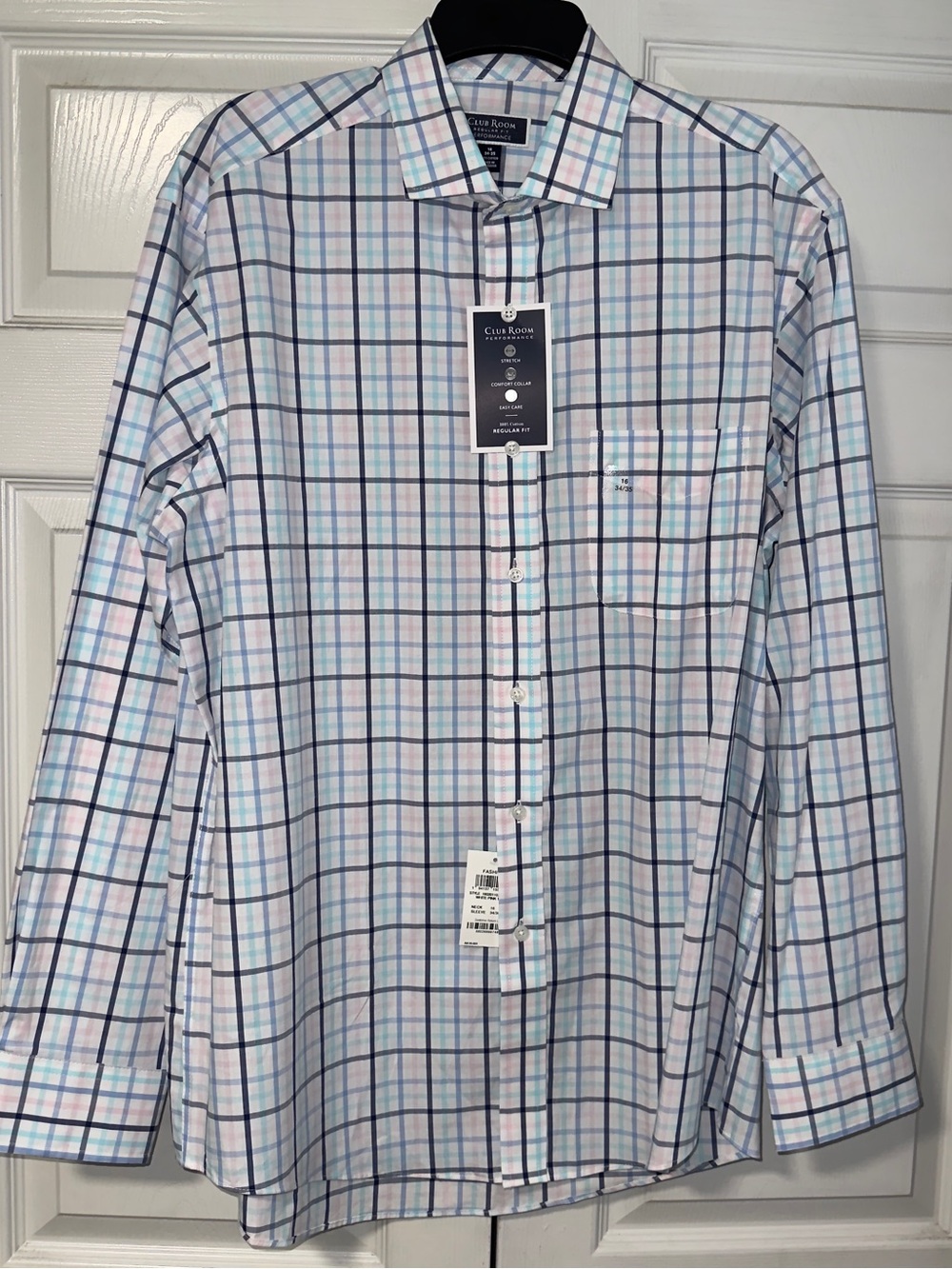 Club Room White Plaid Dress Shirt 16 34/35 Pink Turquoise Regular Fit